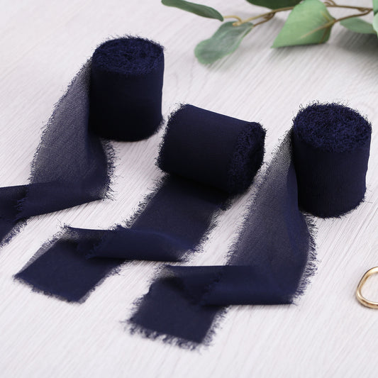 Ling's moment Handmade 1.5 Chiffon Silk-Like Navy Blue Ribbon Frayed Edges  Dark Blue Ribbon Century for Wedding Invitations Bouquets Gift Wrapping