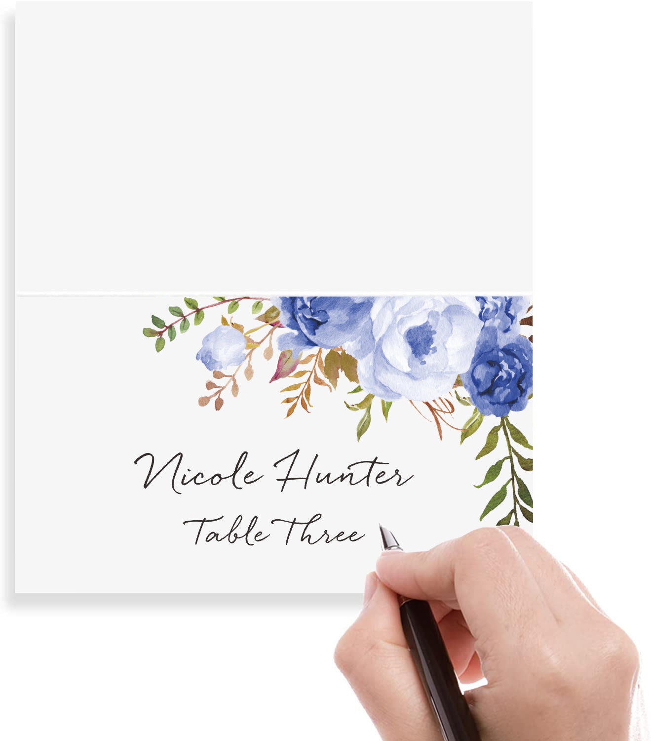 Floral Place Cards for Wedding or Party, Seating Place Cards for Tables, Scored for Easy Folding, Blue Flower Design, 2 x 3.5 Inches