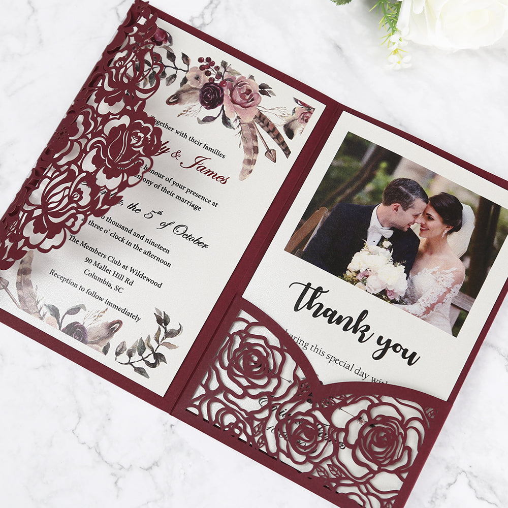 Burgundy Floral Laser cut invitation cards for Wedding - DorisHome