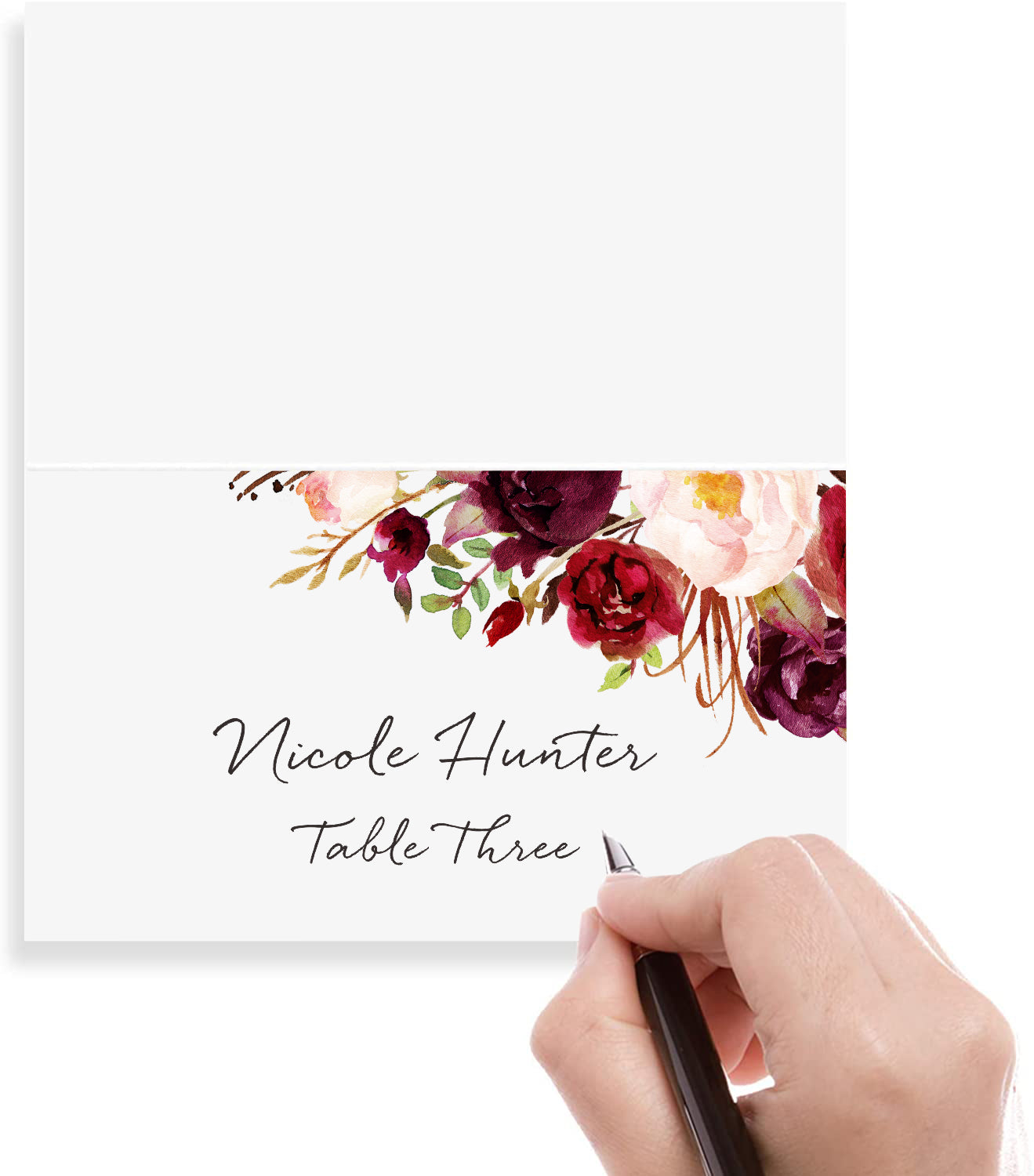 Floral Place Cards for Wedding or Party, Seating Place Cards for Tables, Scored for Easy Folding, Burgundy Flower Design, 2 x 3.5 Inches