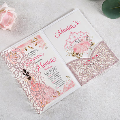 4.7 x7 inch Rose Gold Glitter Laser Cut Hollow Rose Wedding Invitations Cards with Glitter Pockets and Envelopes for Quincenera Birthday Party - DorisHome