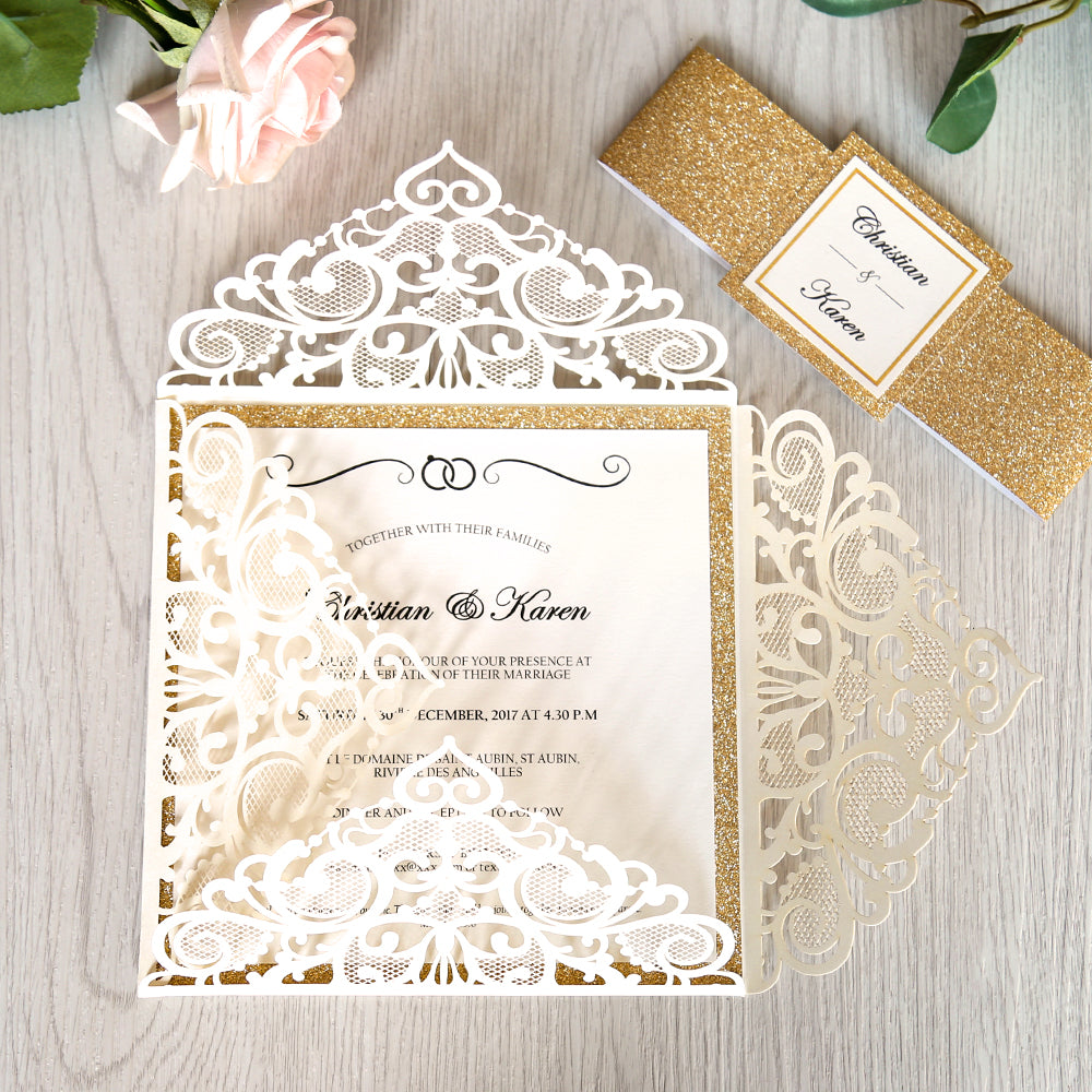 Square Ivory Wedding Invitations with Gold Glitter Border with Gold Band for Wedding, Bridal Shower, Dinner, Party - DorisHome