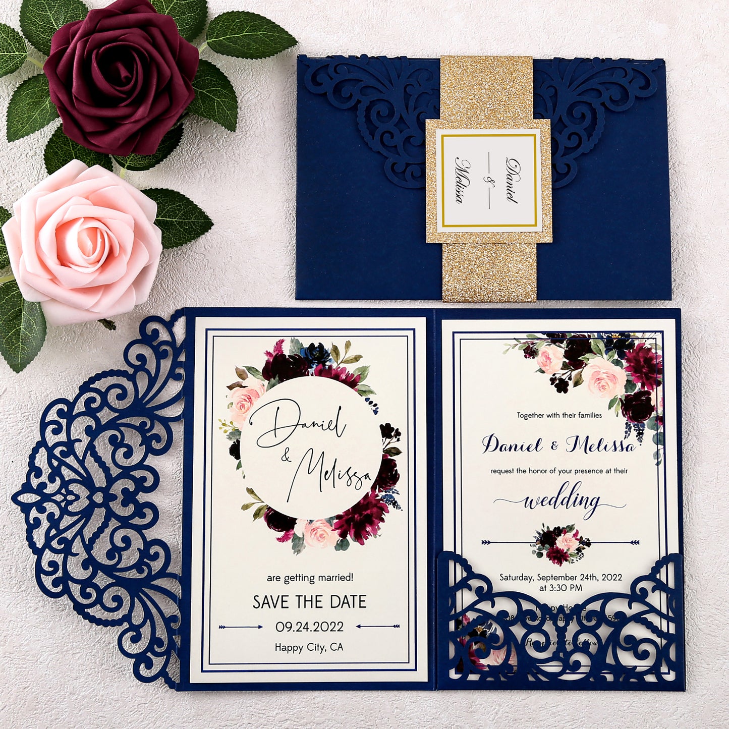 4.7 x7 inch Navy Blue Laser Cut Wedding Invitations With Envelopes Kit Hollow Rose Pocket And Gold Glitter Belly Band for Wedding Bridal Shower Engagement Invite