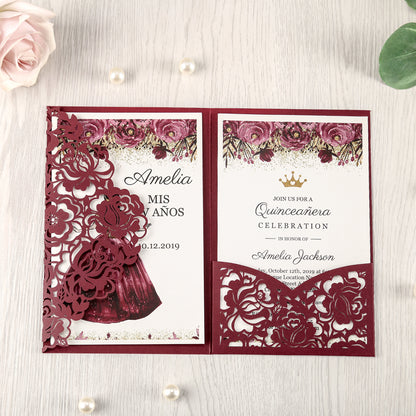 Burgundy Floral Laser cut invitation cards for Quinceanera - DorisHome