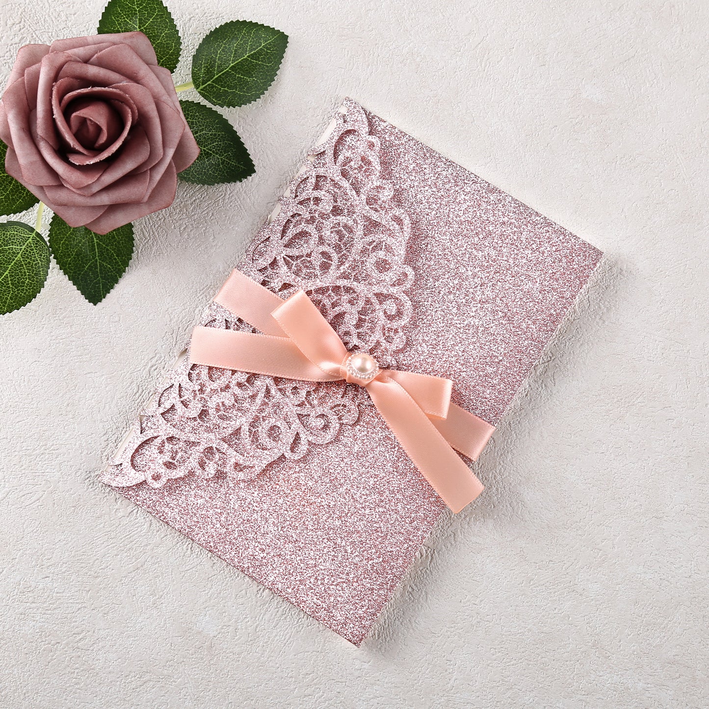 4.7 x7 inch Rose Gold Glitter Laser Cut Hollow Rose Quinceanera Invitations Cards with Envelopes for Quinceanera Party