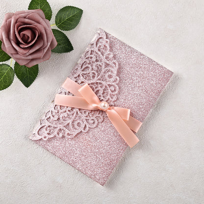 4.7 x7 inch Rose Gold Glitter Laser Cut Hollow Rose Quinceanera Invitations Cards with Envelopes for Quinceanera Party