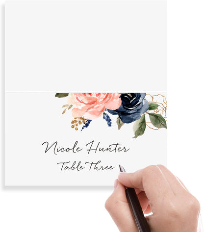 Floral Place Cards for Wedding or Party, Seating Place Cards for Tables, Scored for Easy Folding, Navy Flower Design, 2 x 3.5 Inches