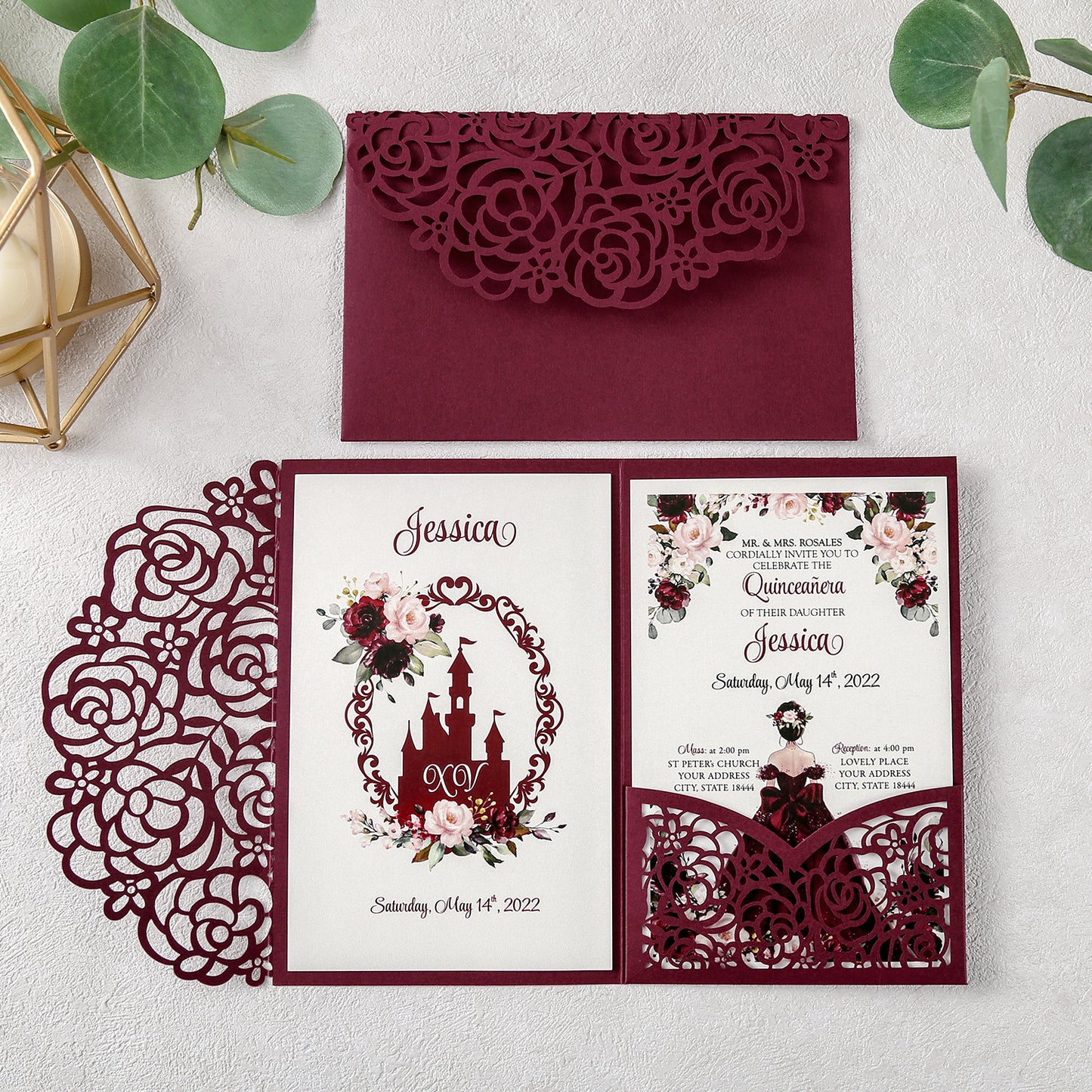 4.7 x7 inch Burgundy Laser Cut Hollow Rose Quinceanera Invitations Cards with Burgundy Pockets and Envelopes for Quinceanera Invite