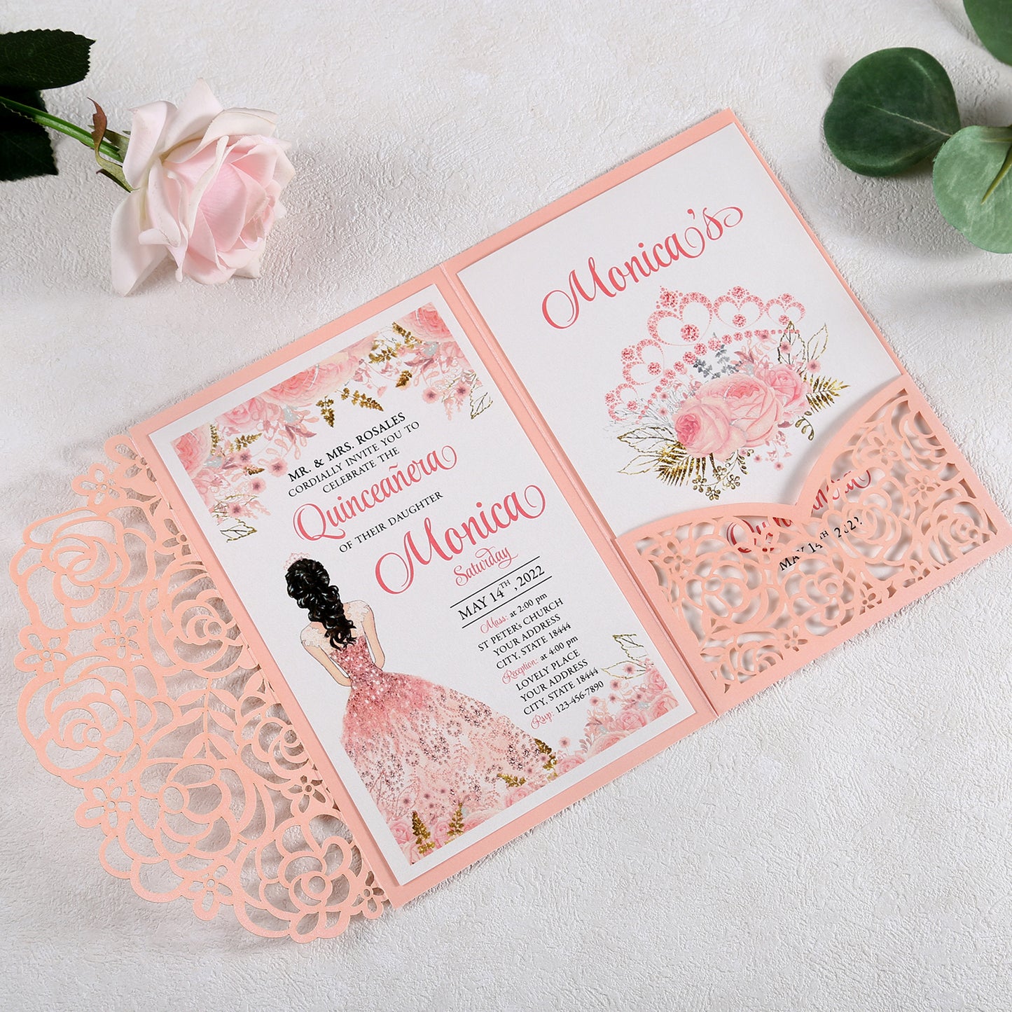 4.7 x7 inch Pink Laser Cut Hollow Rose Wedding Invitations Cards with Pearlized Pockets and Envelopes for Wedding Bridal Shower - DorisHome