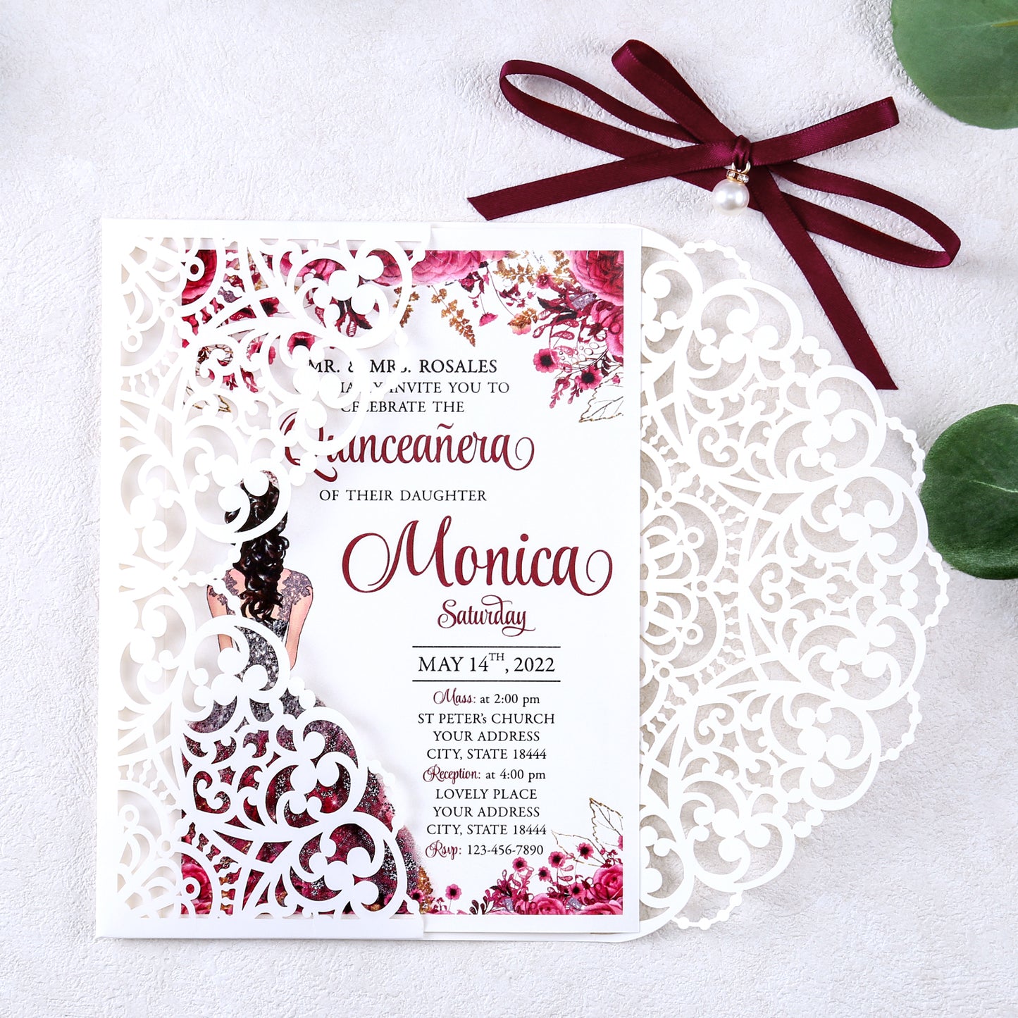 5 X 7.2" Laser Cut Hollow Rose Wedding invitations Cards With Burgundy Ribbon And Envelopes For Quinceanera Sweet 15 Invite - DorisHome