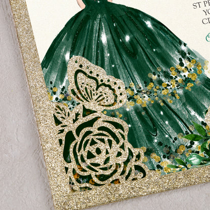 Light Gold Glitter with Hollow Butterflies Invitations Greeting Cards For Quinceanera
