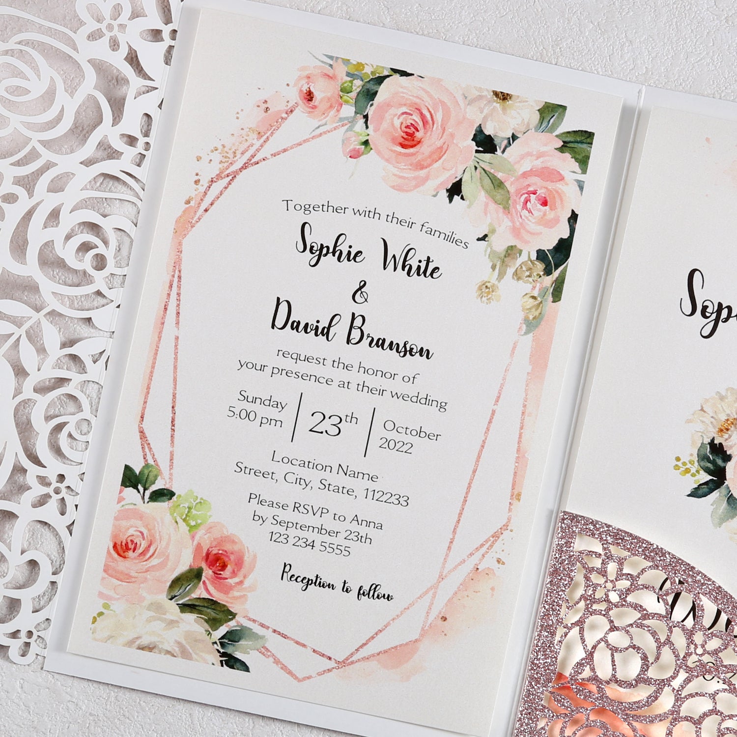 4.7 x7 inch Rose Gold Laser Cut Hollow Rose Wedding Invitations Cards with Glitter Pockets and Envelopes for Wedding Bridal Shower - DorisHome
