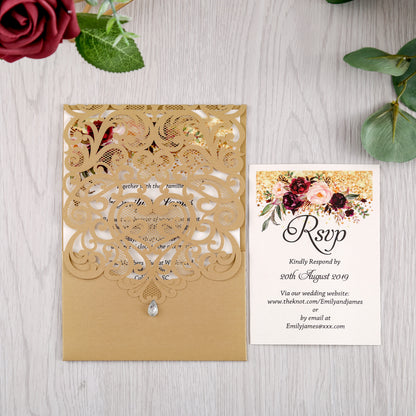 Gold Wedding Invitation With Rhinestone & Laser Cut Flower - DorisHome