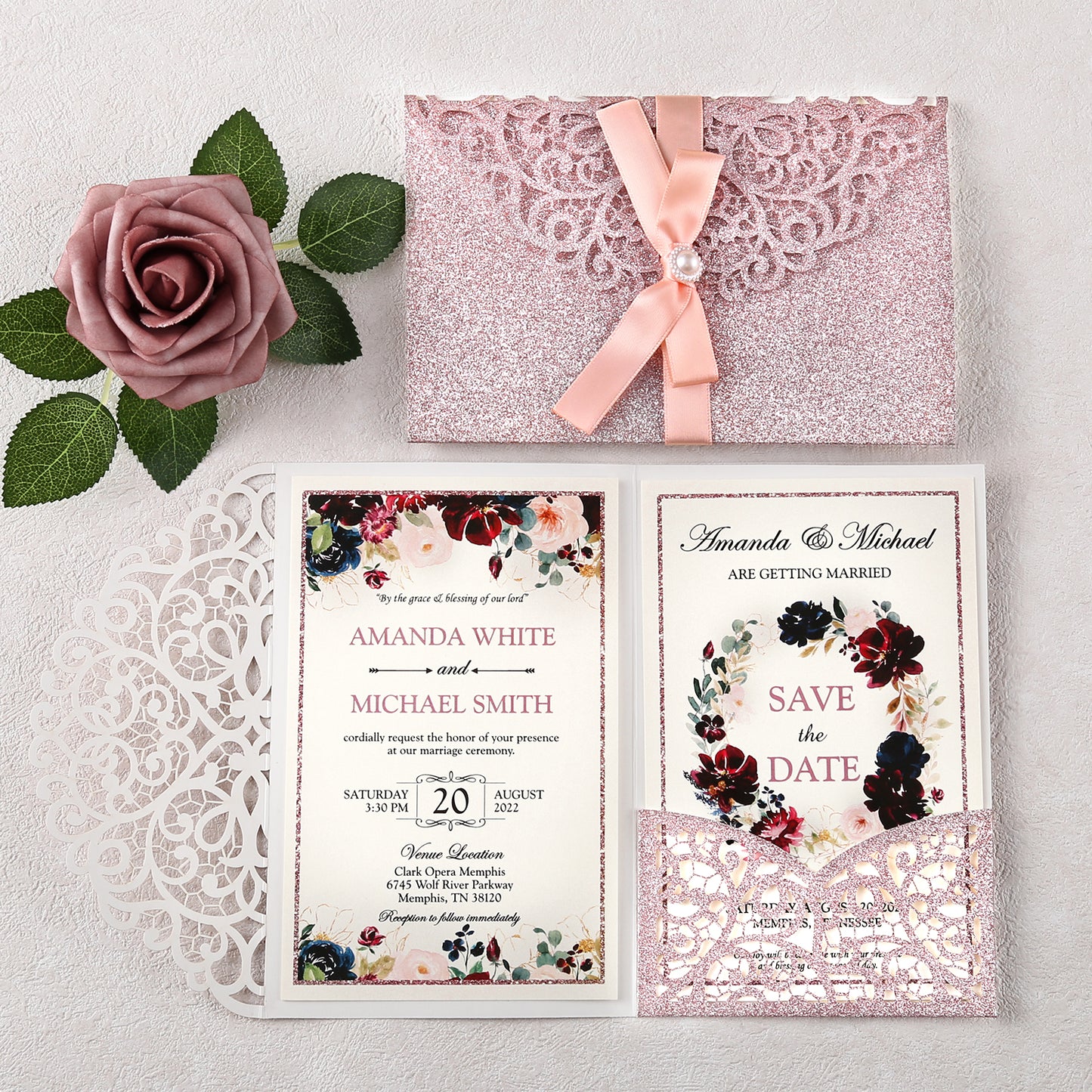 4.7 x7 inch Rose Gold Glitter Laser Cut Hollow Rose Wedding Invitations Cards with Envelopes for Wedding Party