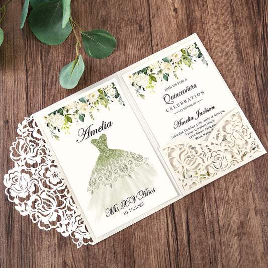 White Floral Laser cut green design invitation cards for Quinceanera