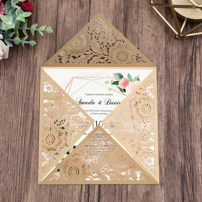 Square Gold Lase-cut Lace Flower Pattern Wedding Invitations - DorisHome