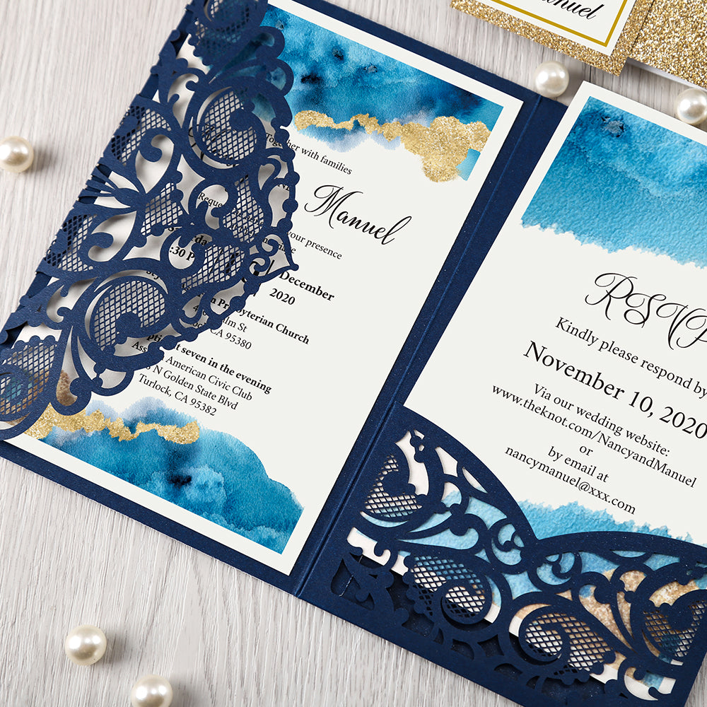 Pearlized Blue Floral Laser cut Wedding Invitation with Glitter Gold Bellyband for Wedding, Anniversary, Quinceanera - DorisHome