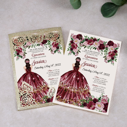 Light Gold Glitter with Hollow Butterflies Invitations Greeting Cards For Quinceanera