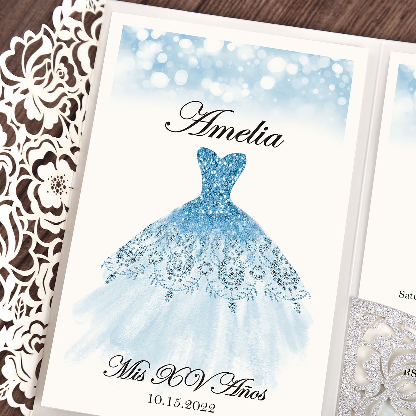 Glitter Silver Floral Laser cut invitation cards for Quinceanera