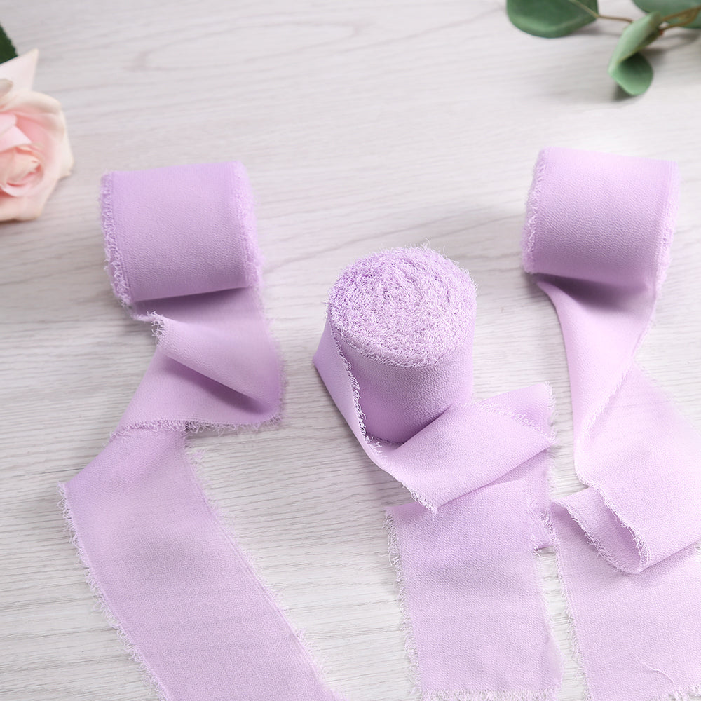 Handmade Fringe Chiffon Silk-Like Ribbon 2" x 7Yd Set of 3 Rolls Ribbons for Wedding Invitations, Bouquets, Gift Wrapping (3 Rolls Light Purple) - DorisHome