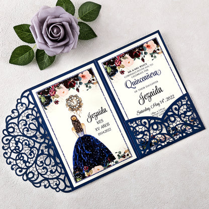 4.7 x7 inch Blue Laser Cut Hollow Rose Quinceanera Invitations Cards with Envelopes for Quinceanera Party