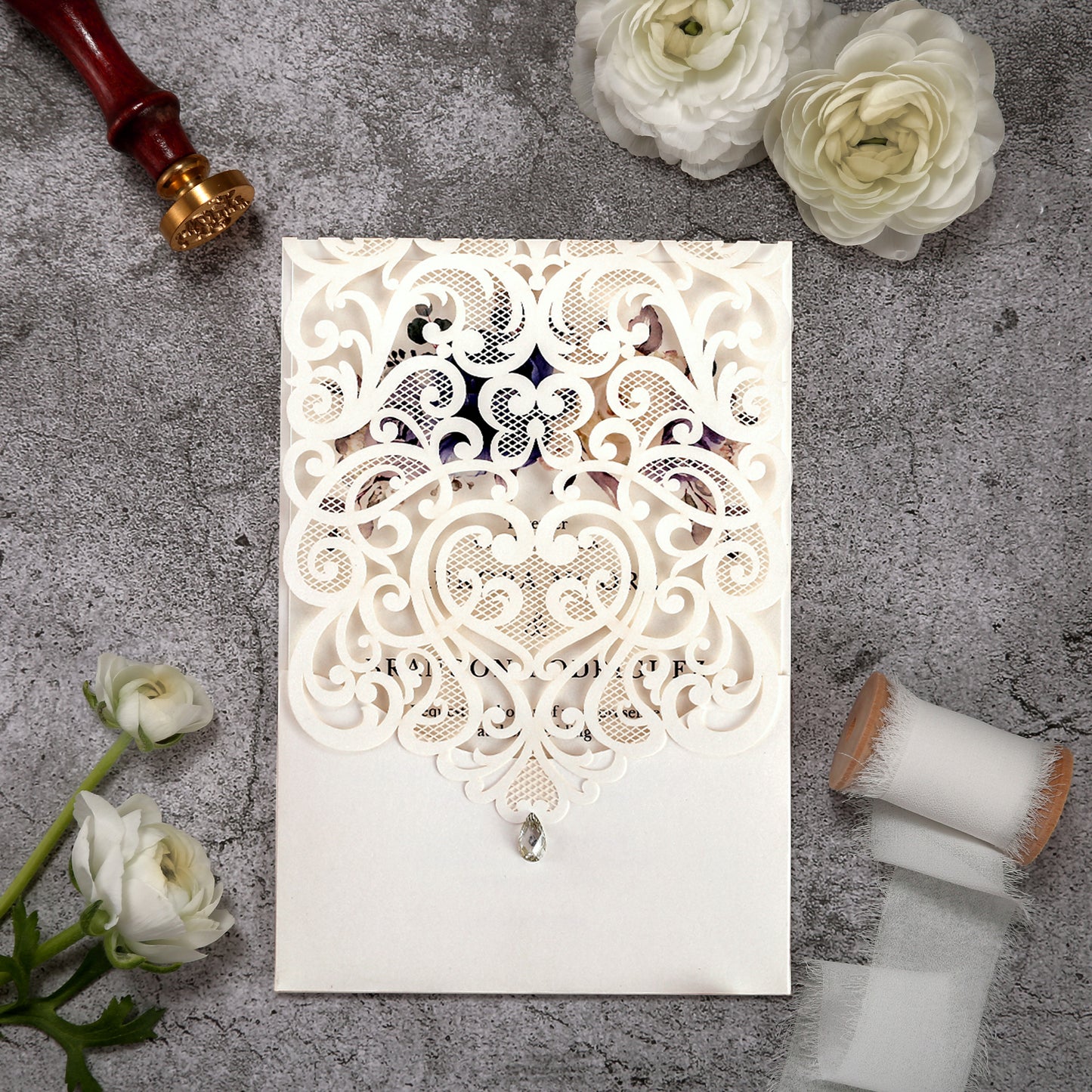 Vertical Blue Floral Laser cut invitations for Wedding Anniversary