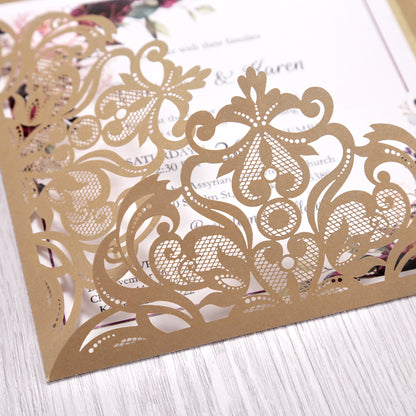Square Gold Laser Cut Lace Flower Invitations Cards - DorisHome