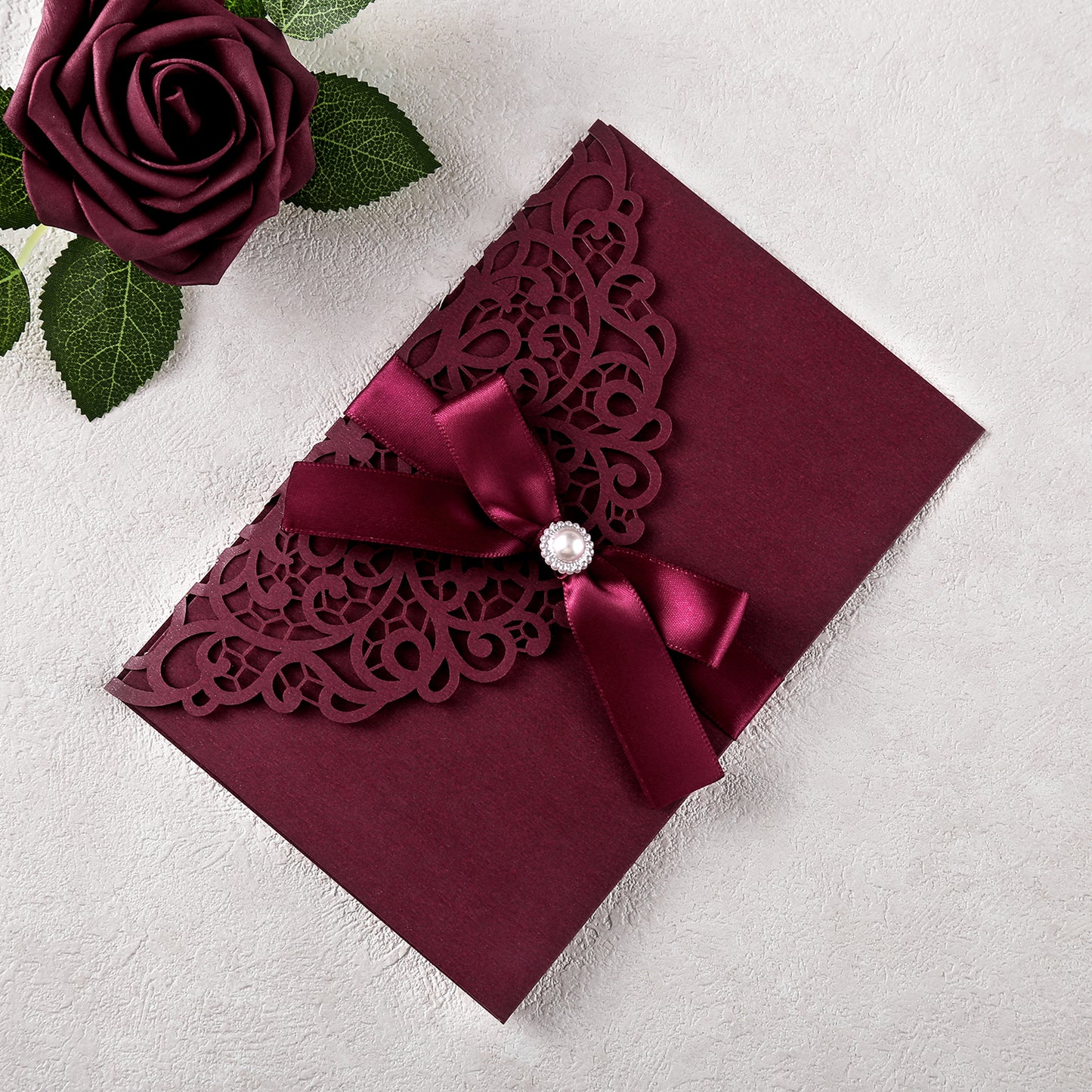 4.7 x7 inch Burgundy Laser Cut Hollow Rose Wedding Invitations Cards with Envelopes for Wedding Party