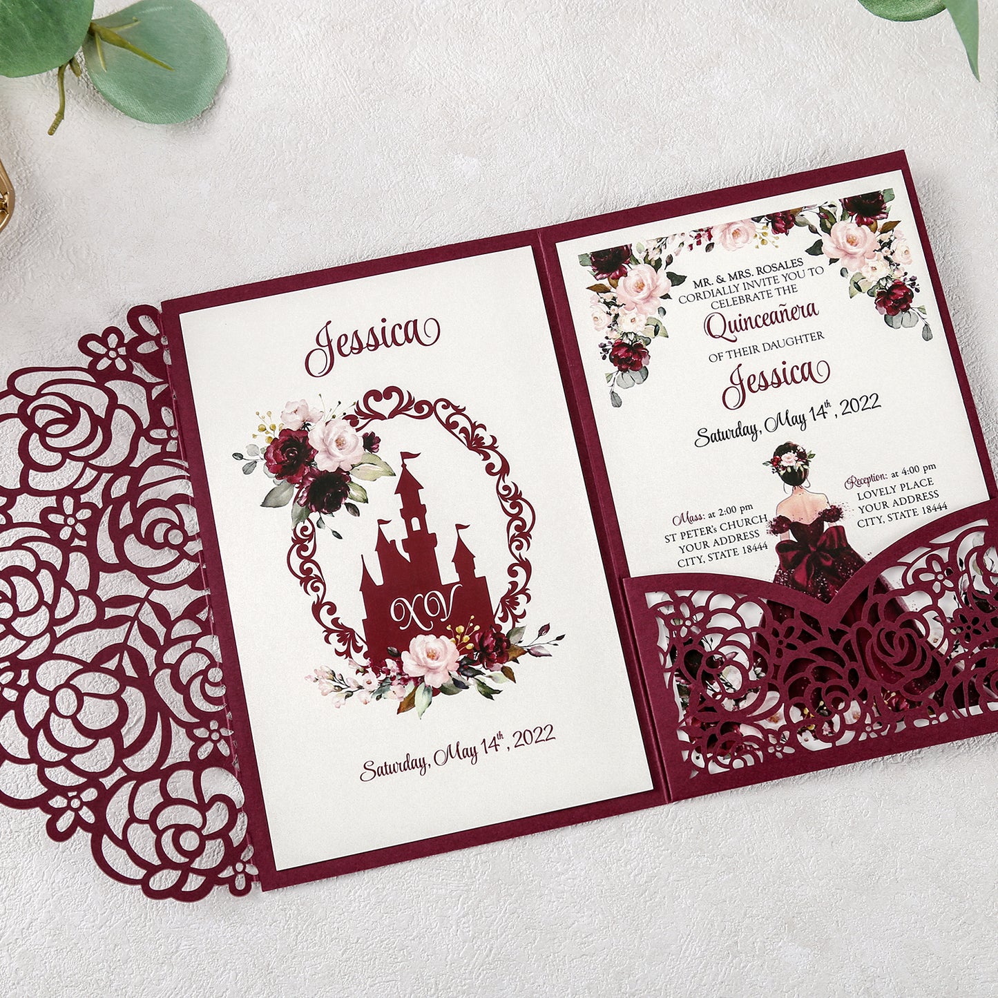 4.7 x7 inch Burgundy Laser Cut Hollow Rose Quinceanera Invitations Cards with Burgundy Pockets and Envelopes for Quinceanera Invite