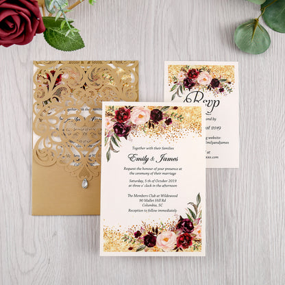 Gold Wedding Invitation With Rhinestone & Laser Cut Flower - DorisHome