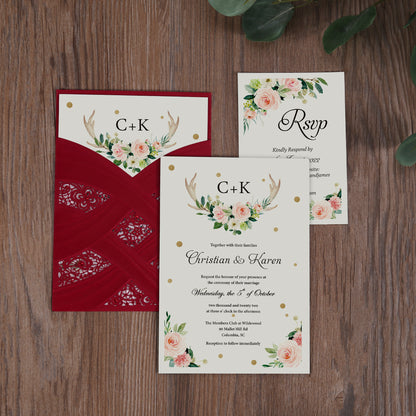 Vertical Laser Cut Wedding Invitation with Red Hollow Flora - DorisHome