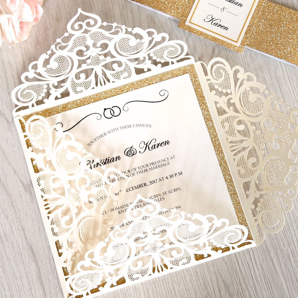 Square Ivory Wedding Invitations with Gold Glitter Border with Gold Band for Wedding, Bridal Shower, Dinner, Party - DorisHome
