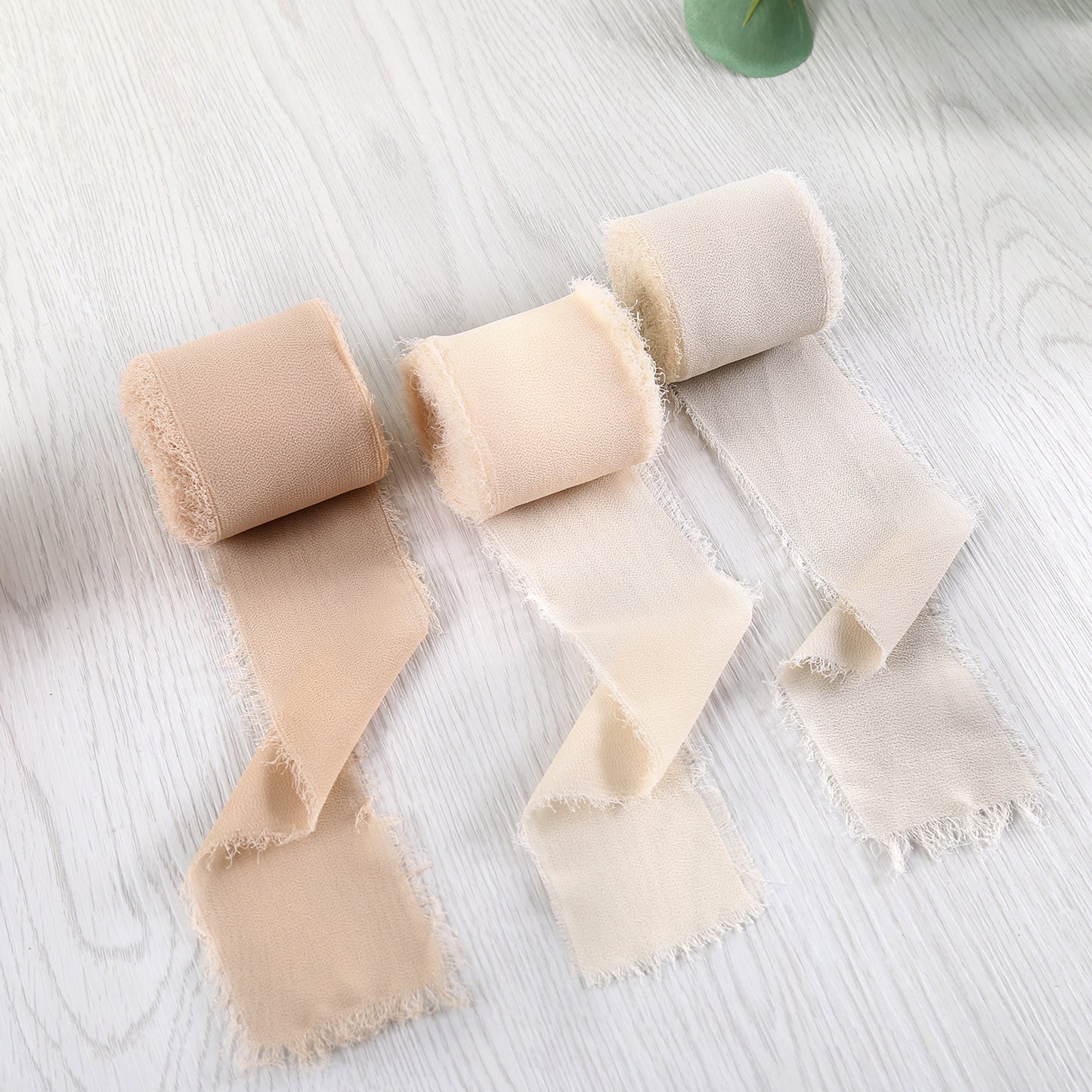 Handmade Fringe Chiffon Silk-Like Ribbon 2" x 7Yd Set of 3 Rolls Ribbons for Wedding Invitations, Bouquets, Gift Wrapping (3 Rolls Nude/Cream/Sand Color)