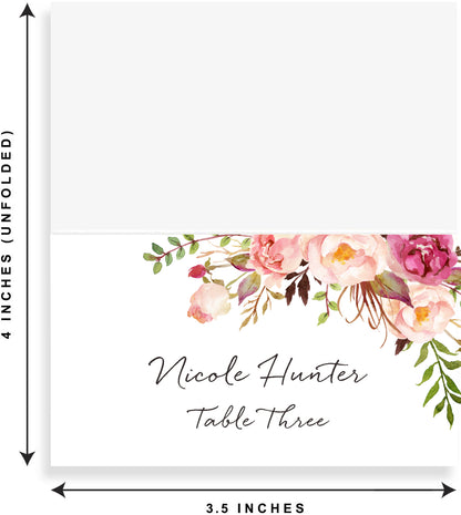 Floral Place Cards for Wedding or Party, Seating Place Cards for Tables, Scored for Easy Folding, Blush Flower Design, 2 x 3.5 Inches
