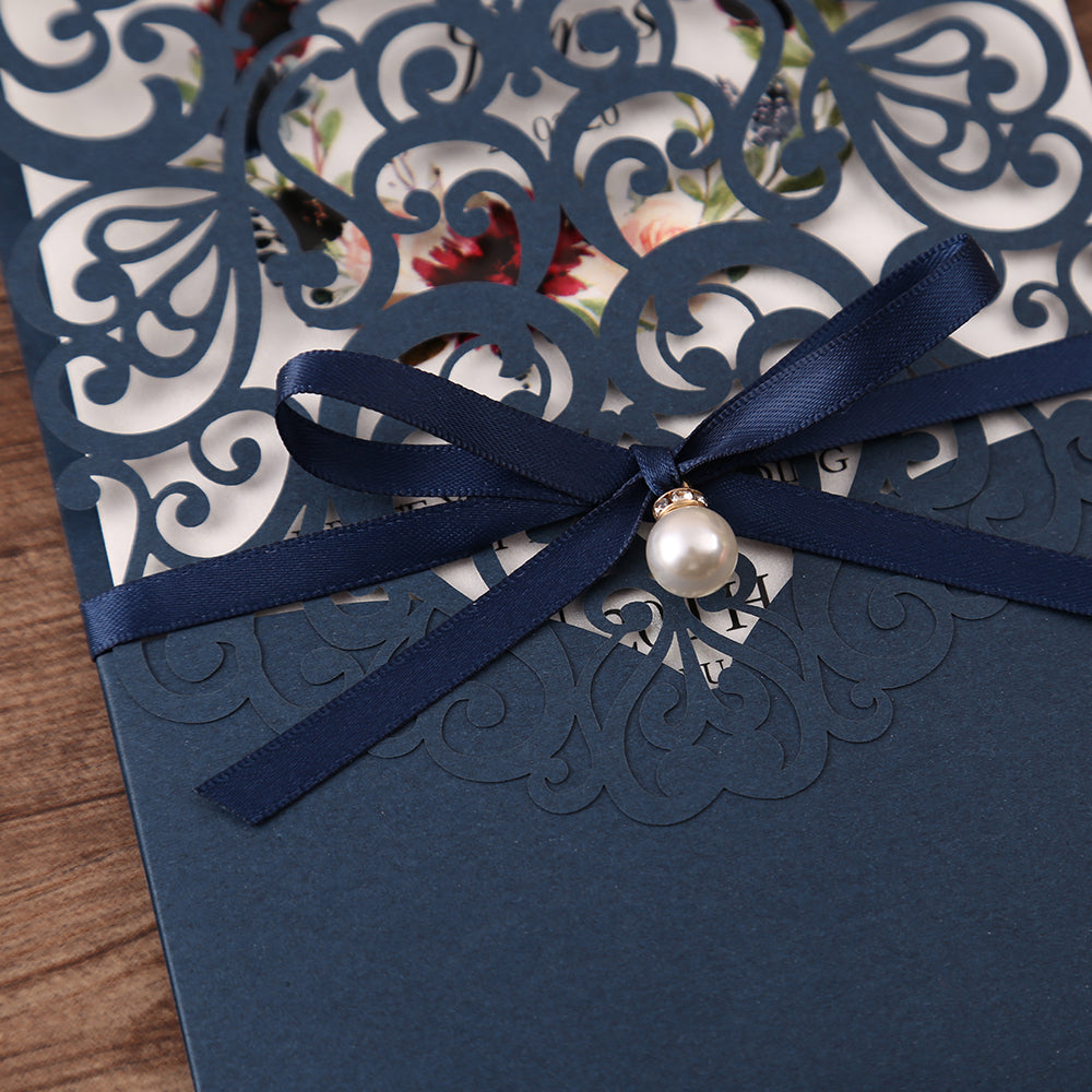 Navy Blue Pearl Pendant Floral Laser cut invitation cards for Wedding Anniversary - DorisHome
