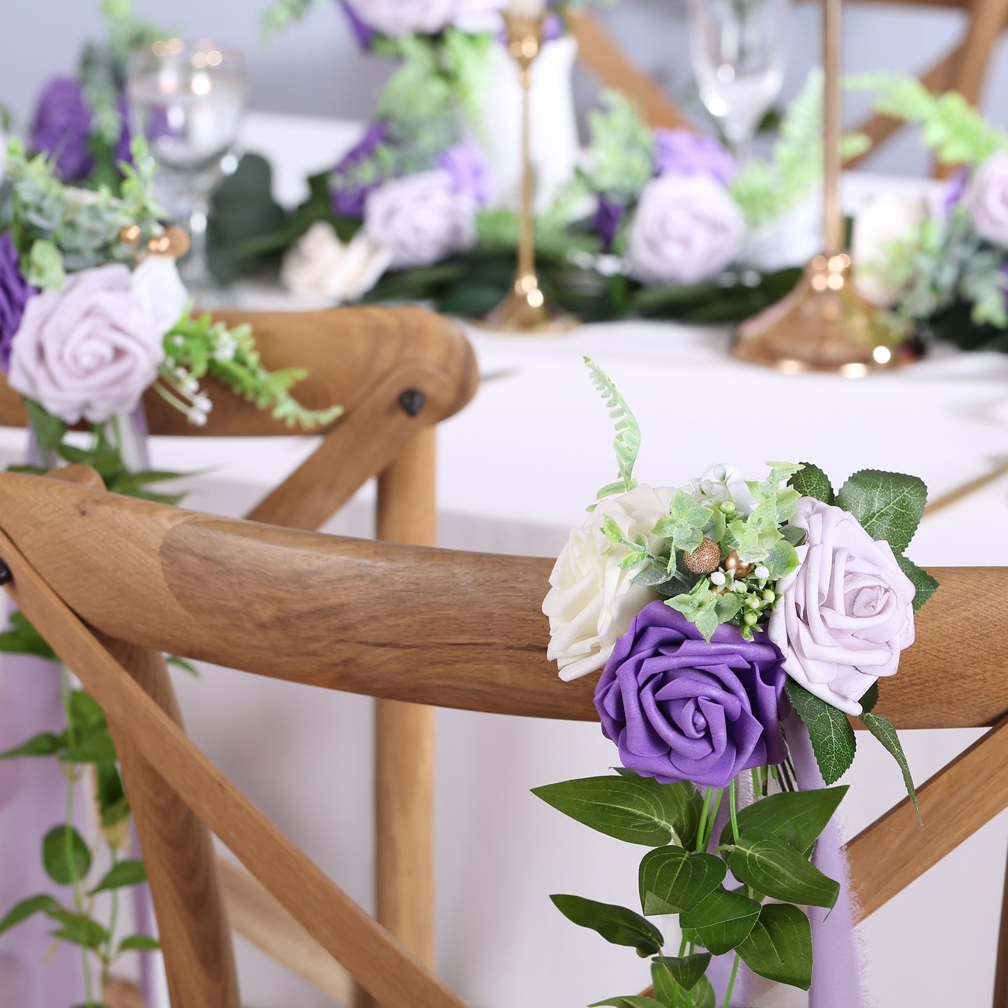 Wedding Aisle Decorations Purple Pew Flowers Set of 10 for Wedding Ceremony Party Chair Decor with Artificial Flowers Eucalyptus and Ribbons