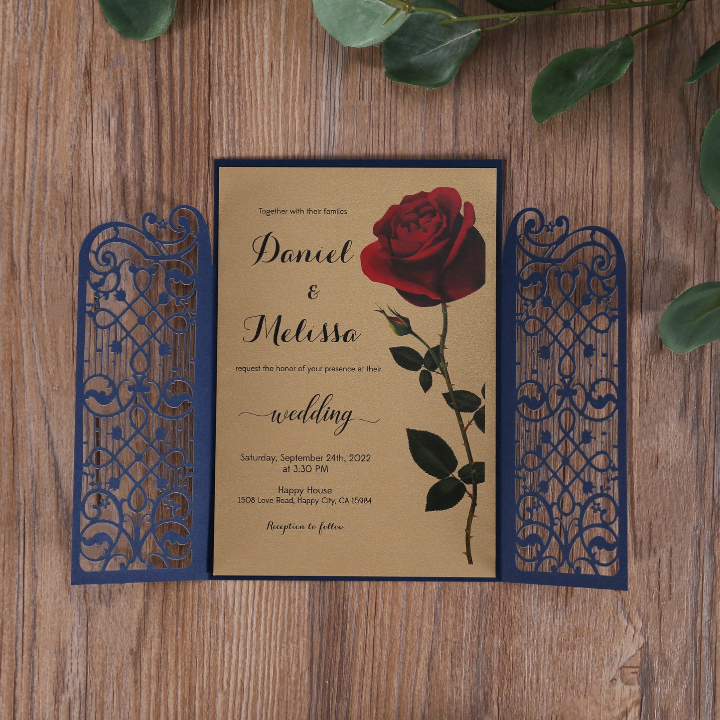 Vertical Navy Blue Elegant Wedding Invitation With Laser Cut Flower, CW5102
