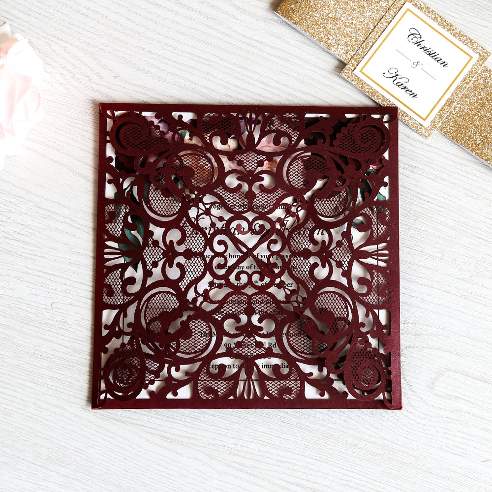 Square Burgundy Wedding Invitations with Gold Glitter Belly Band for Wedding - DorisHome