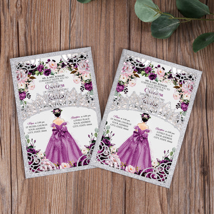 DreamBuilt Silver Glitter Invitations Purple Greeting Cards For Quinceanera - DorisHome