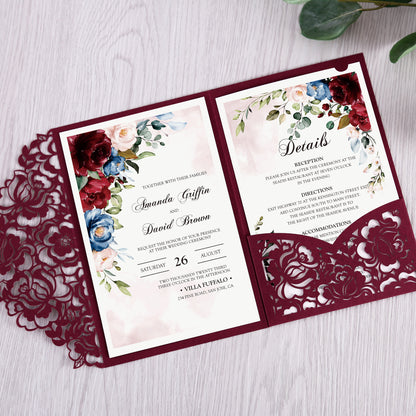 Burgundy Floral Laser cut invitation cards for Wedding - DorisHome