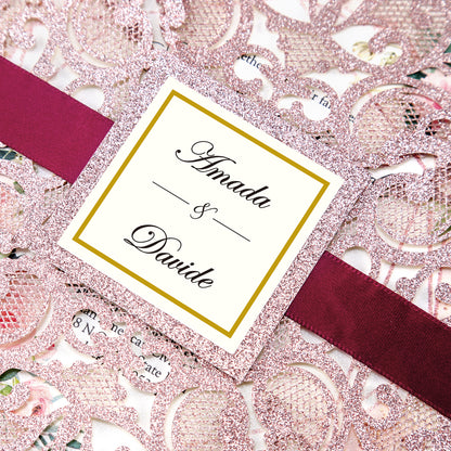 Square Rose Gold Glitter Wedding Invitations with Glitter Belly Band for Wedding - DorisHome