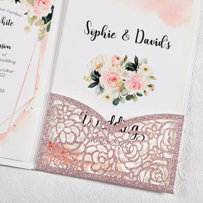 4.7 x7 inch Rose Gold Laser Cut Hollow Rose Wedding Invitations Cards with Glitter Pockets and Envelopes for Wedding Bridal Shower - DorisHome
