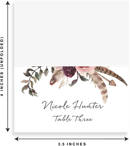Floral Place Cards for Wedding or Party, Seating Place Cards for Tables, Scored for Easy Folding, Flower Design, 2 x 3.5 Inches