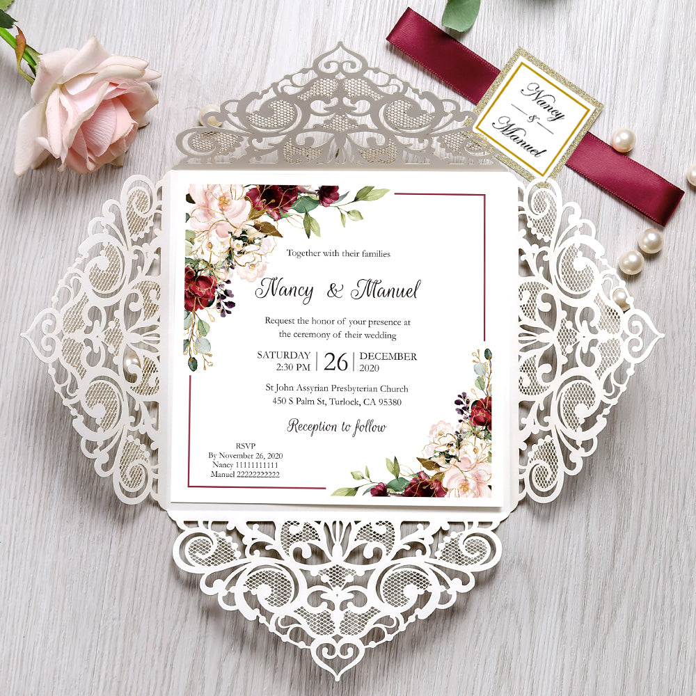 Square Glitter Gold Wedding Invitations with Burgundy Ribbon Belly Band for Wedding - DorisHome