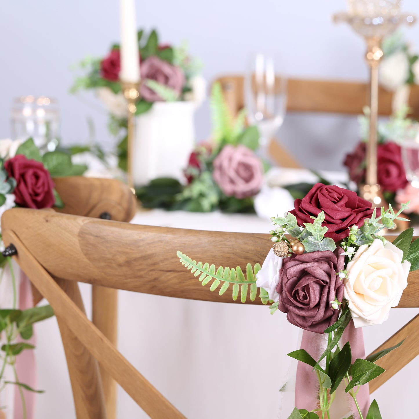 Wedding Aisle Decorations Mauve Burgundy Pew Flowers Set of 10 for Wedding Ceremony Party Chair Decor with Artificial Flowers Eucalyptus and Ribbons