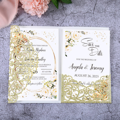 4.7 x7 inch Gold Glitter Laser Cut Hollow Rose Wedding Invitations Cards with Glitter Pockets and Envelopes for Wedding Party - DorisHome