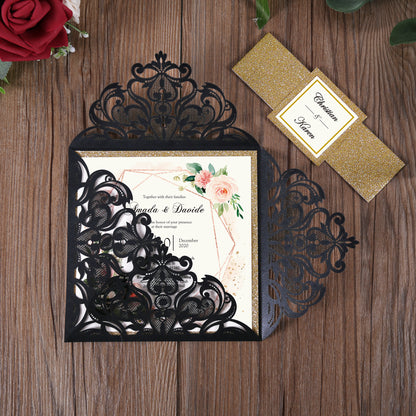 Square Black Laser Cut Lace Flower Invitations Cards - DorisHome