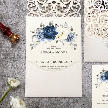 Vertical Blue Floral Laser cut invitations for Wedding Anniversary