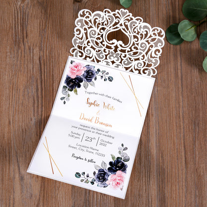 Ivory White Laser Cut Flower with Bowknot Wedding Invitations,Invitations - DorisHome