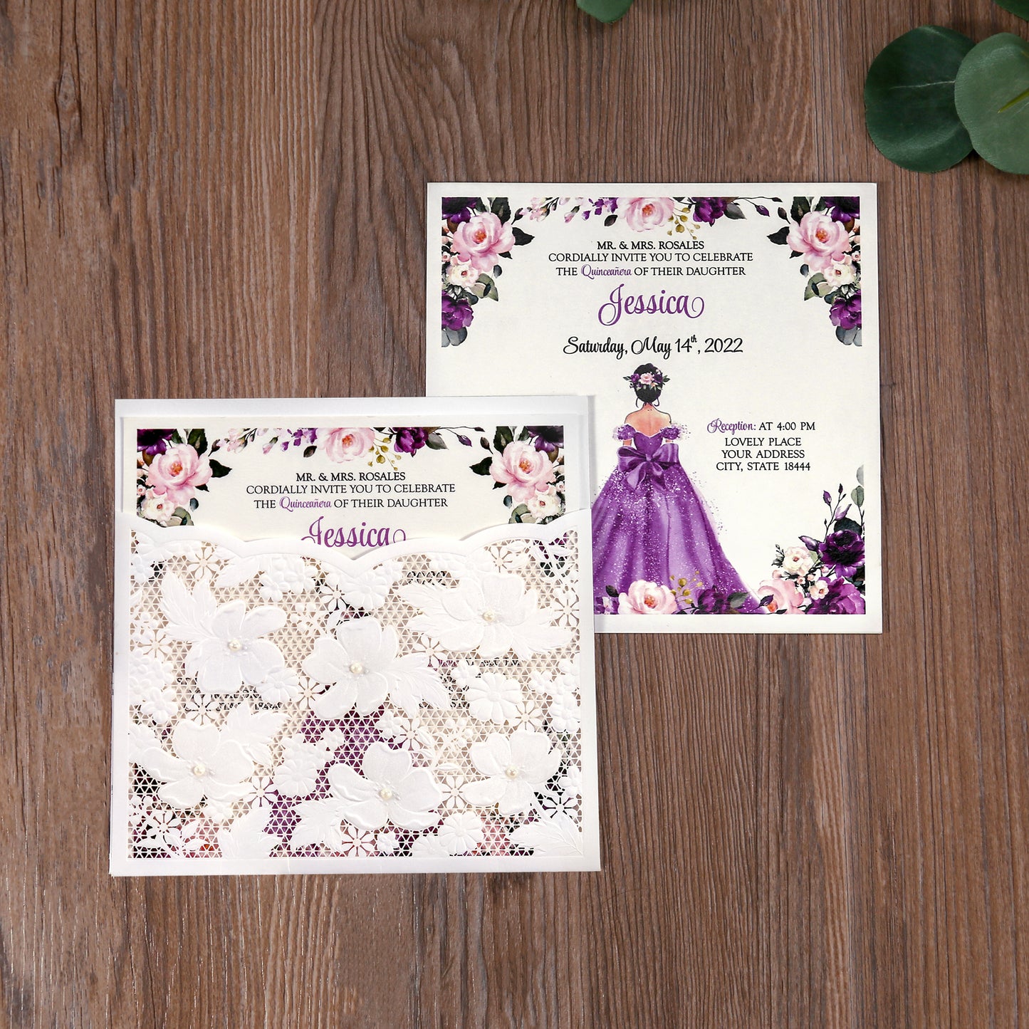 Ivory White Small Pearl Lace Invitations with Purple Design for Quinceanera